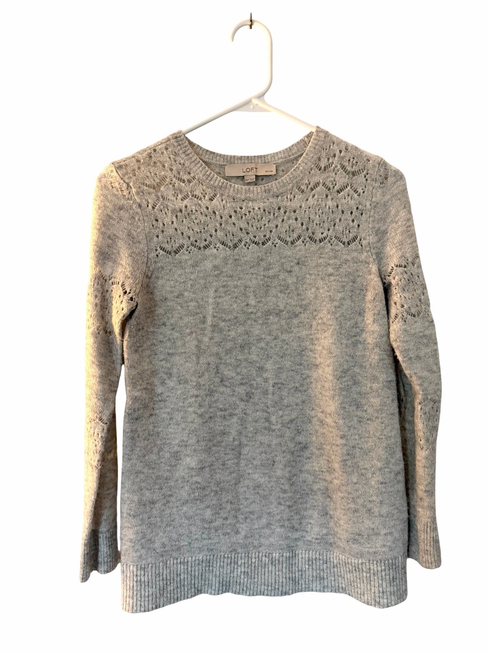 LOFT Gray Lace-Yoke Crewneck Sweater